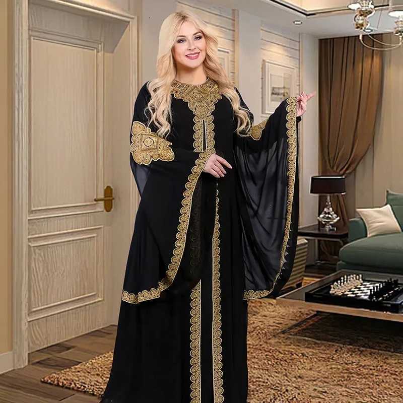 Women Abaya Party Dresses Muslim Caftan 2 Piece Set Eid Flare Slves Robe Embroidered Gold Lace Dress Suit Jalabiya Ramadan X260310