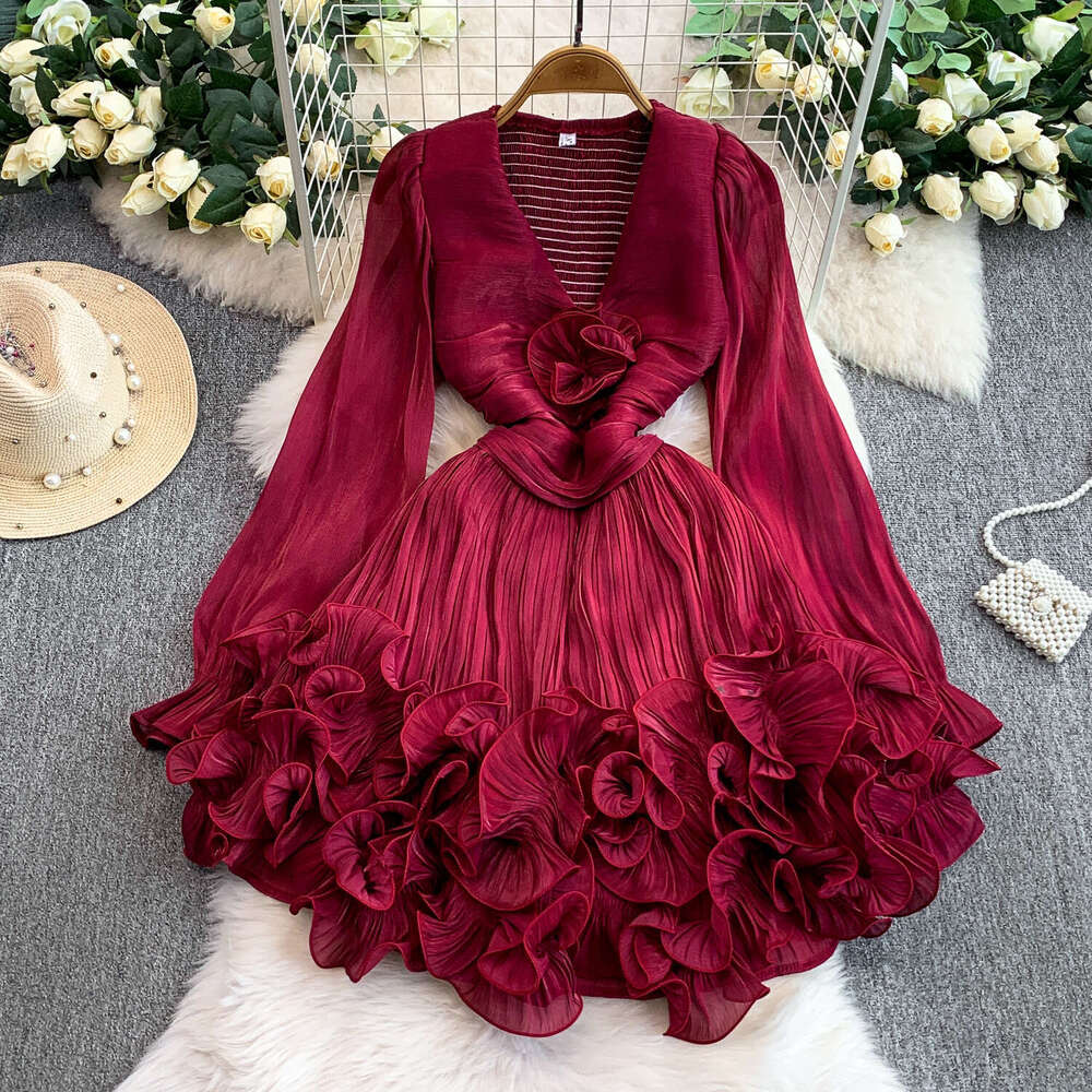 European and American internet celebrities niche high-end shiny transparent V-neck dress with exquisite fluffy 3D ruffles