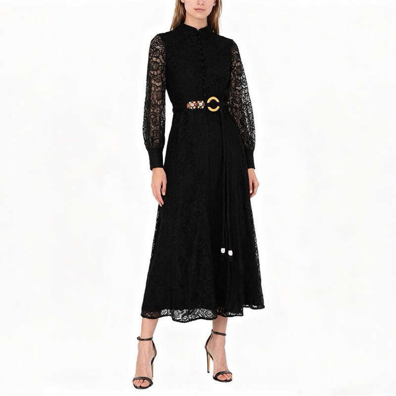 2026 Spring and Summer European and American Fashion Elegant Simple Solid Color Hollow Lace Goddess Long Skirt