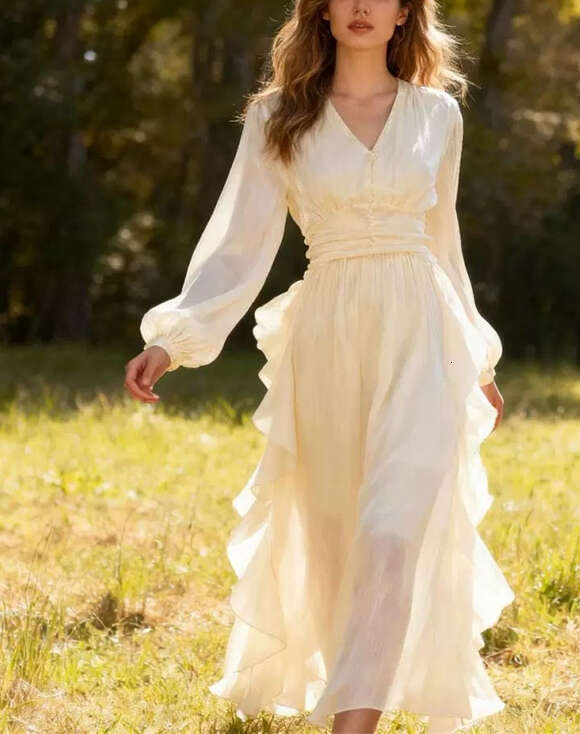 2026 spring and summer elegant and simple pure color V-neck silk vacation style flowing long skirt for European and American women