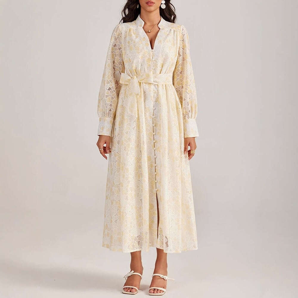 2026 autumn and winter European and American niche dark flower pattern goddess elegant loose tie waist cardigan multi-color long skirt