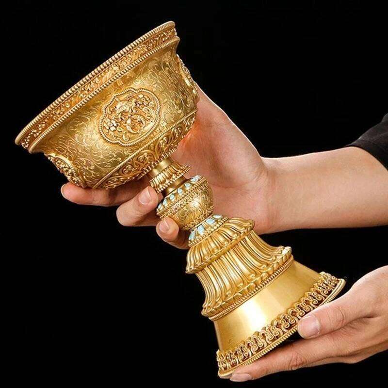 Tibetan Brass Candle Lamp Handicraft Embossed Inlaid Gem Tantric Candlestick Buddhist Wedding Altars Indoor Desktop Decoration H260310