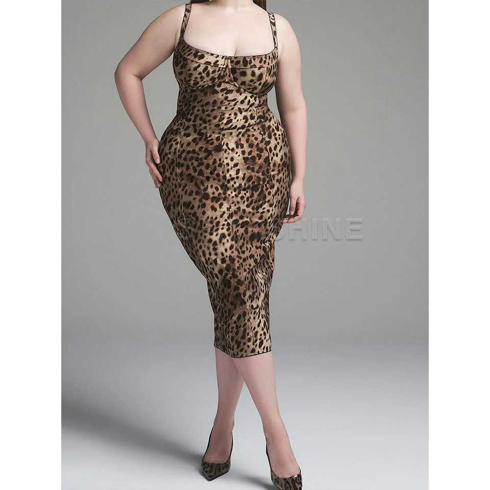 Sexy Leopard Print Dress Womens Slveless Fitted Stretch Bodycon Mid-Calf Dress Clubwear Evening Party Dresses X260310