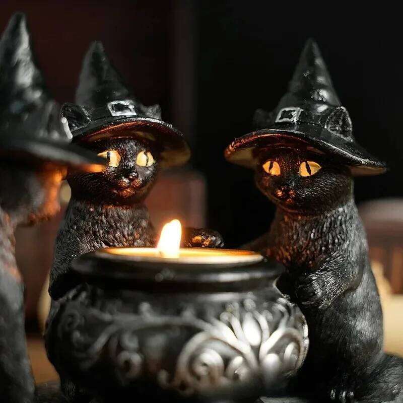 Halloween Decoration Figurines Familiar Cauldron Tea Light Black Witches Cats Candlestick Holder Home Bar Table Ornaments H260310