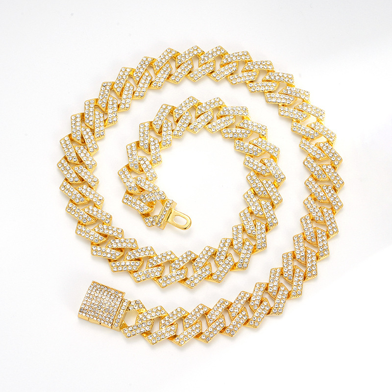 15mm Full Diamond Cuban Link Chain Necklace For Men Guys Iced Out Crystal Gemstone Miami Street Party Hip Hop Rap Jewelry Grunge Chunky Gold Curb Chai