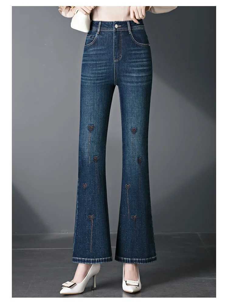 2026 Womens Spring/Summer New High Waist Micro Horn Jeans Embroidered Hot Stretch Mom Fashion Casual Pants M260310