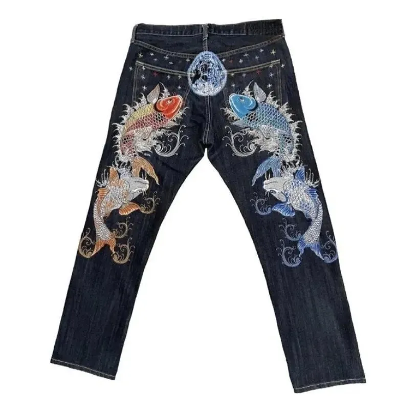 Men's Jeans Karakuri Brocade Carp Printed Jeans Harajuku American Fashion Y2K Knight Yellow Pattern Printed Summer Casual Street Trousers Hip Hop
