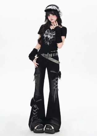Womens Low Rise Flare Jeans Bow Lace Up Japanese Designer Denim Pants Shoujo Y2k American Retro Bell Bottom Jeans Harajuku New M260310