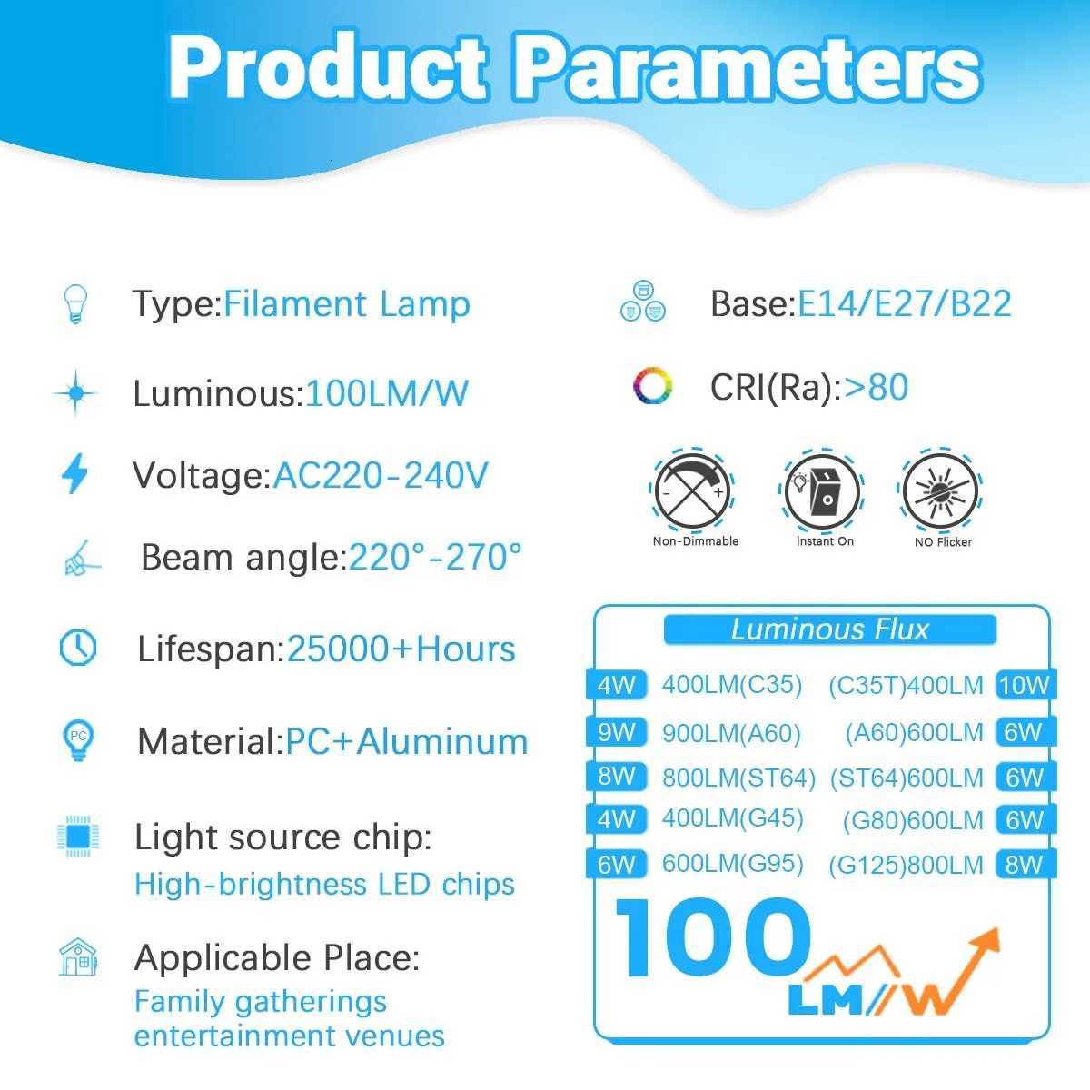 4PCS LED Retro Edison Light Bulb A60 G45 ST64 G80 G95 G125 E27 E14 B22 220V Vintage Ampoule Incandescent Edison Filament Lamp H260310