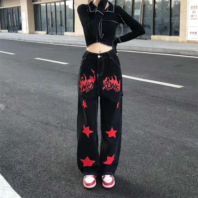 Hip Hop Vintage Women Black Red Jeans Streetwear Fashion Pants Star Painted High Waist Wide Leg Straight Casual Loose TrousersT260310