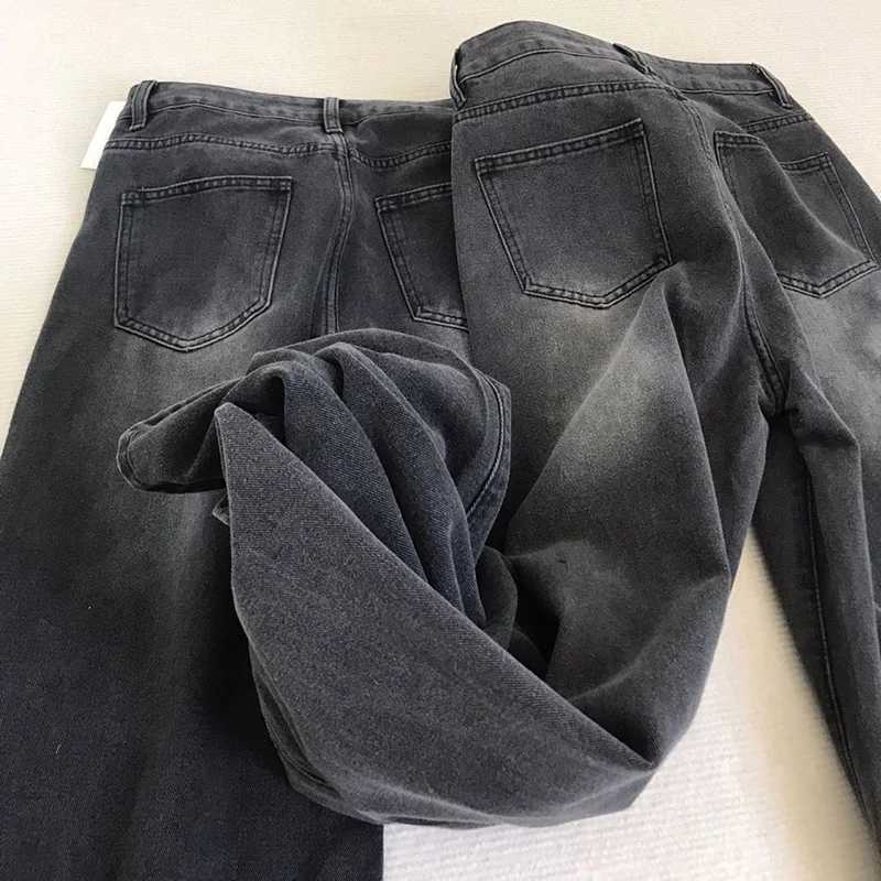 Lady RETRO BlaCK Gray High Waist Jeans Pants Women Fashion Straight Leg Denim Trousers Loose Fit THin Casual Pants M260310