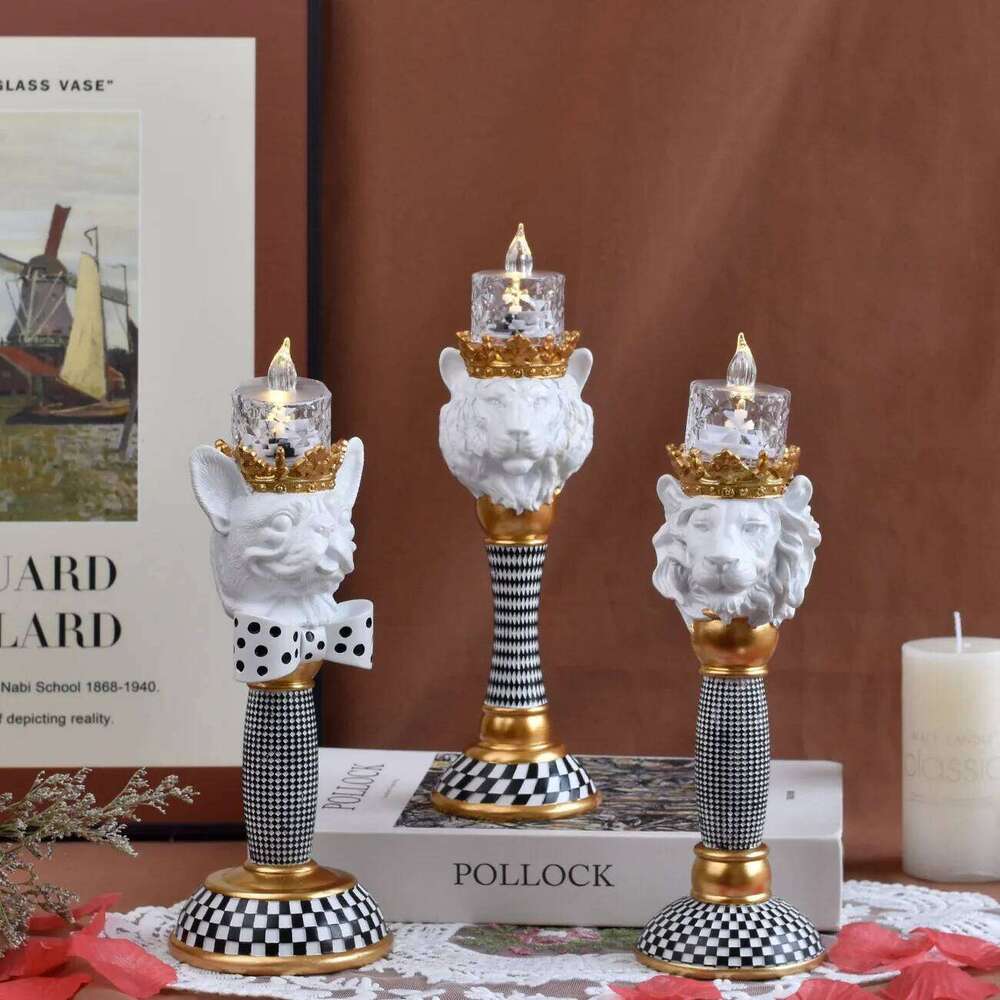 Europe Statue Holder Resin 3D Animal Head Figurine Vintage Striped Candle Stand Christmas Home Desktop Decoration H260310