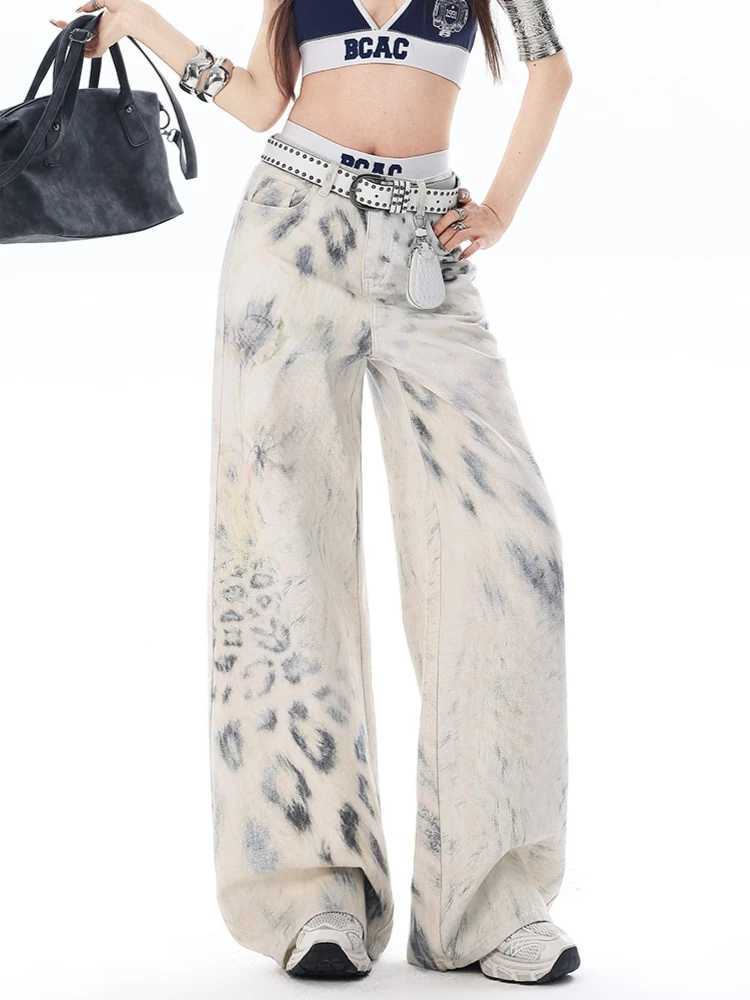 Fashion Leopard Print Jeans Women Streetwear Vintage Hippie Wide Leg Pants Female Casual Baggy Straight High Waist Jeans M260310
