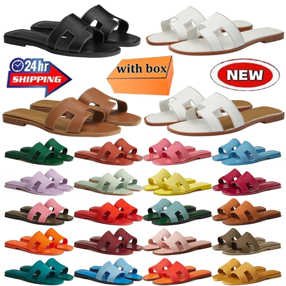 Designer shoes with box womens designer slippers flat slides summer beach sandals women slide white black brown leather sandal size 35-42