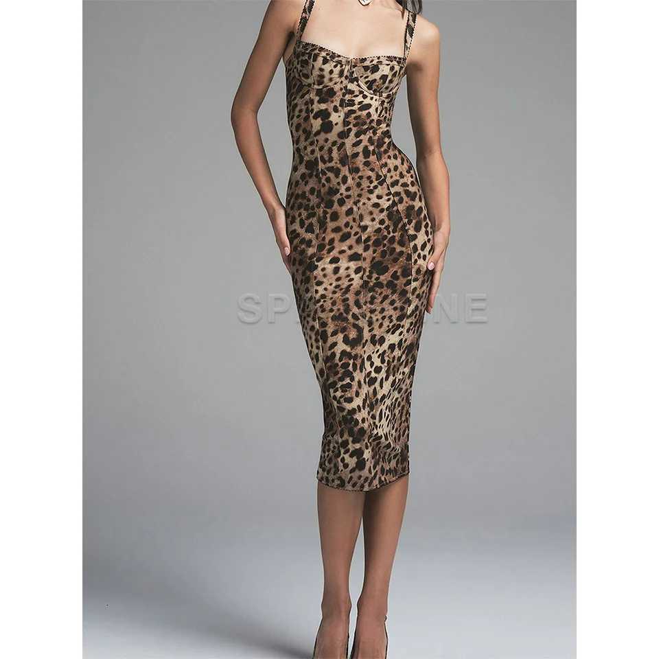 Sexy Leopard Print Dress Womens Slveless Fitted Stretch Bodycon Mid-Calf Dress Clubwear Evening Party Dresses X260310