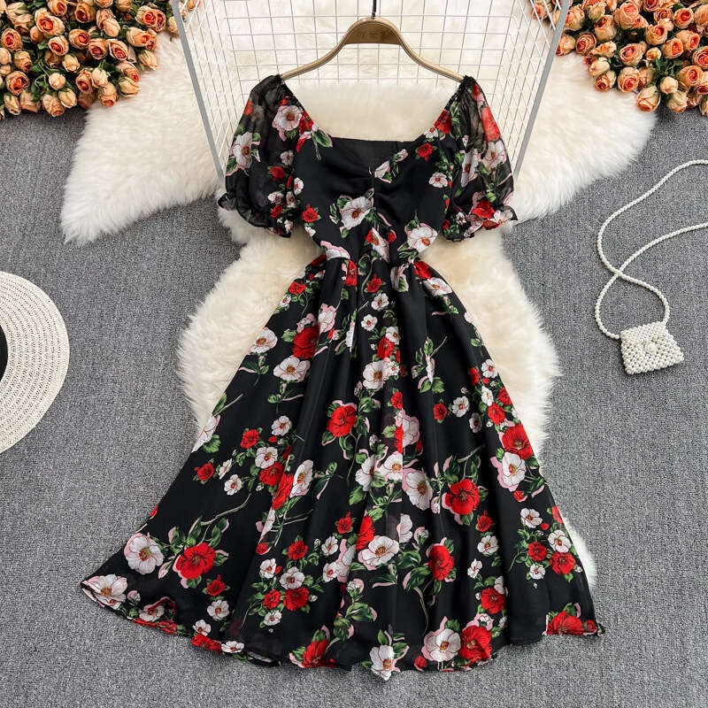 Summer new gentle and elegant mid waist V-neck floral chiffon dress, super fairy like first love orange tone