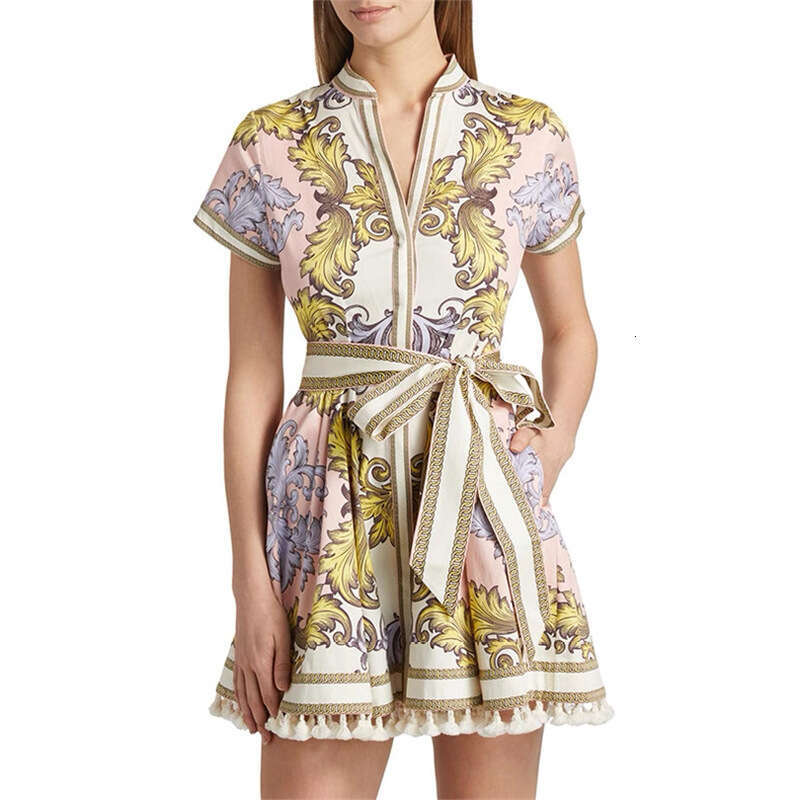 2026 new European and American niche personalized printed lace up tassel decoration cardigan jumpsuit short skirt