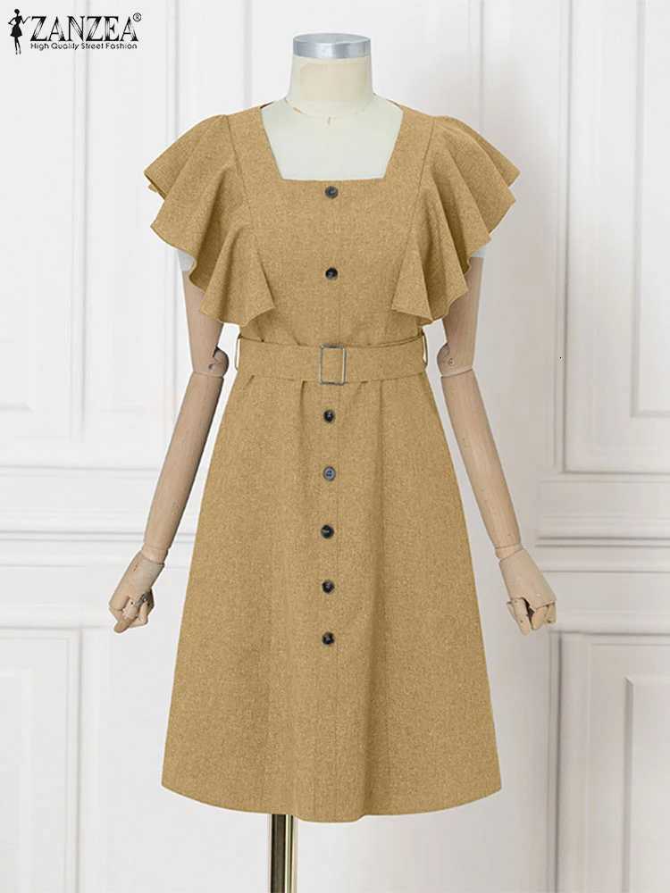 ZANZEA Elegant Women Office Lady Dress Summer Short Slve Ruffled Vestidos Casual Solid Color Square Collar Party Midi Sundress X260310