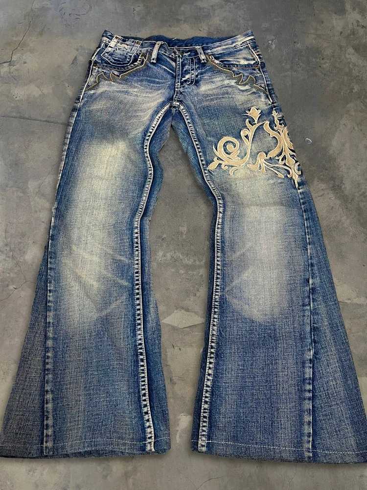 HOUZHOU Vintage Embroidery Patchwork Women Flared Jeans Y2k Harajuku Wide Leg American Style Denim Pants Baggy Punk Streetwear M260310