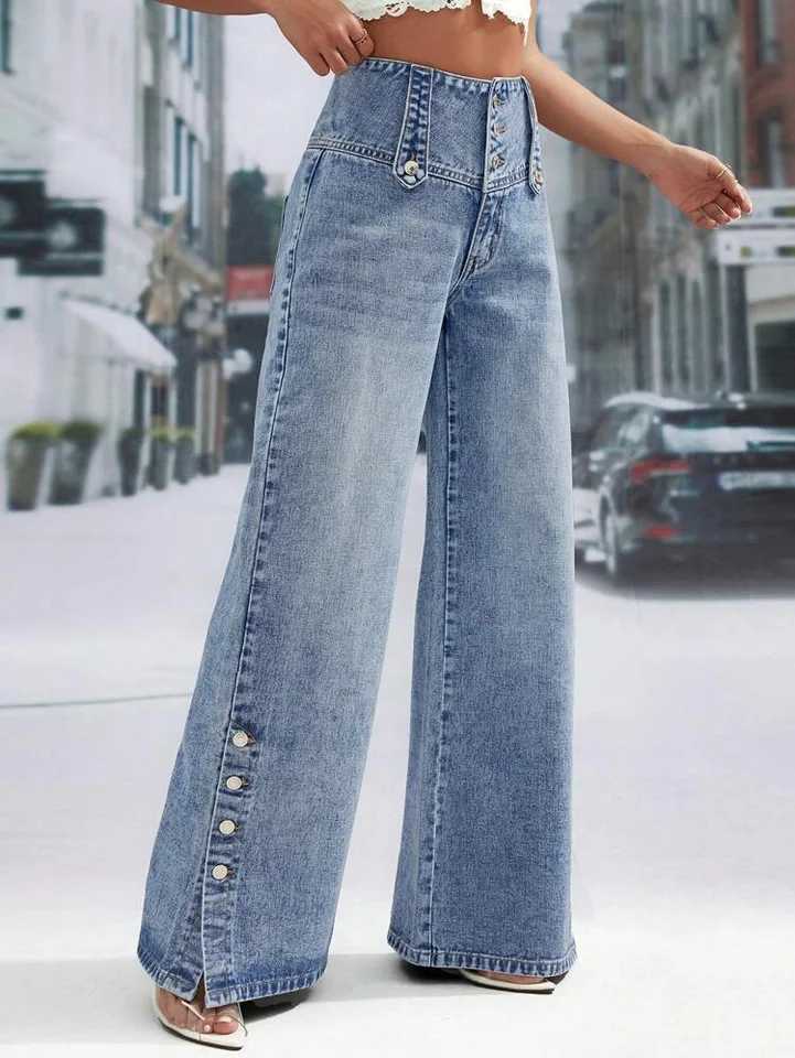 Plus Size Spliced Button Denim Straight Wide Leg Jeans Pockets High Waist Vintage Women Denim Jeans Casual Streetwear Trousers M260310