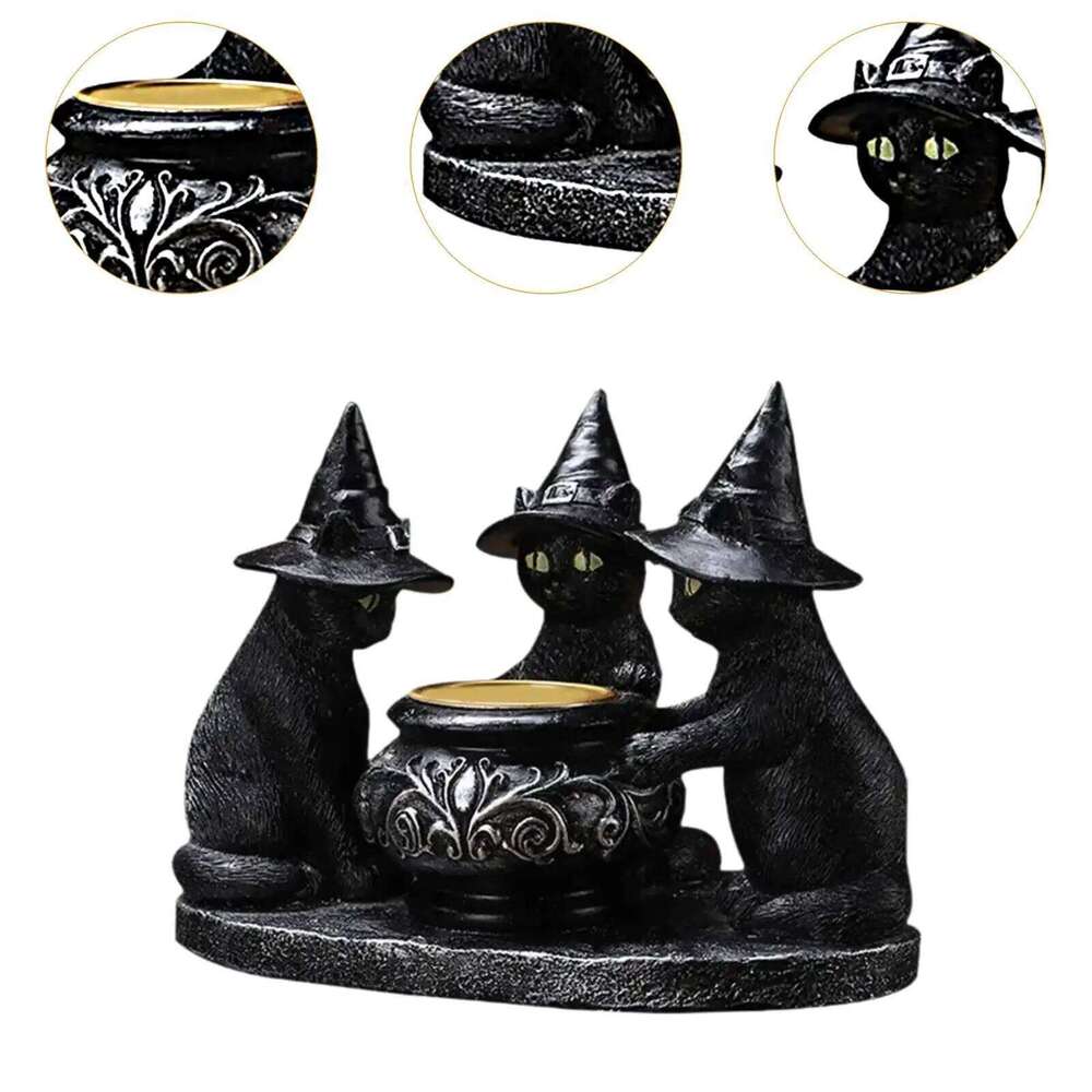 Black Cat Tealight Holder Gothic Figurine Desk Decoration Votive Candle Stand for Festival Table Dining Room H260310