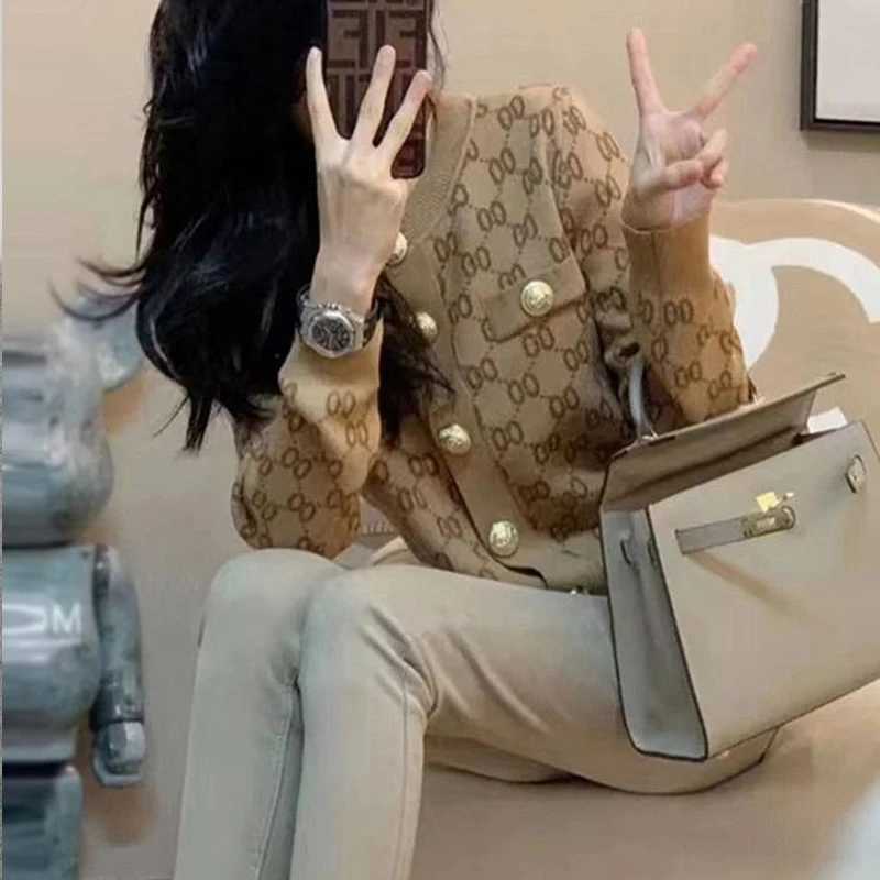 Fashion Printed Short Sweater Jacket for Women Spring Autumn Temperament Elegant Waist-cinching Knit Top Fashion Women ClothingT260310