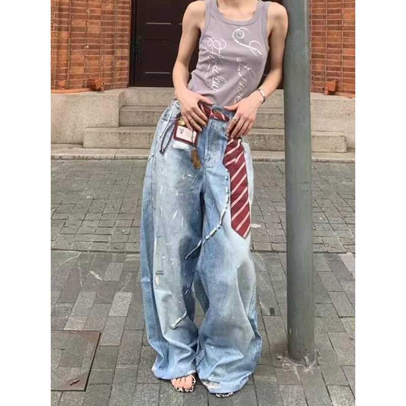 ZHIZOU Women Blue Y2k Baggy Jeans Harajuku VintageBent Knife Denim Trouser Aesthetic 2000s Style Jeans Pants Oversize Clothes M260310