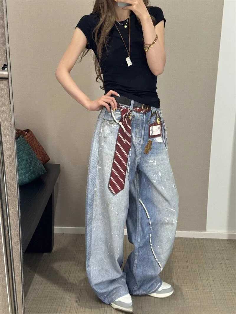 American Retro Scimitar Tie Exquisite Printed Blue Jeans Autumn New Design Loose Contour Floor Pants Women Street Fashion Pants M260310