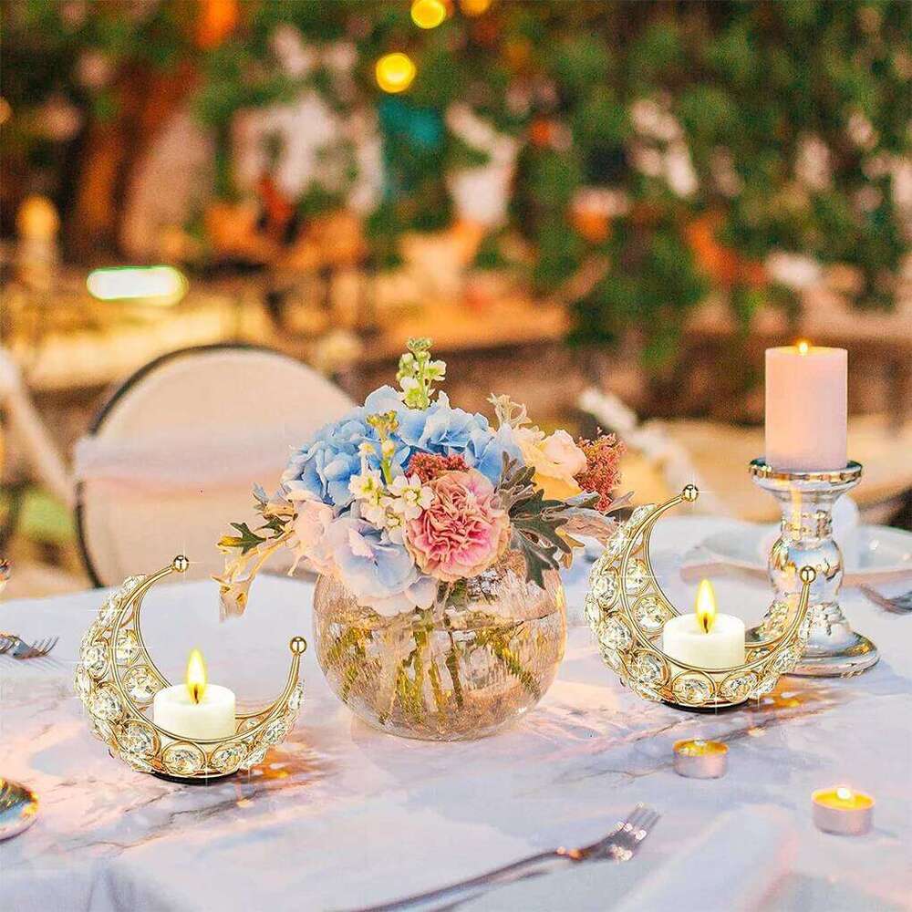 With Crystal Beads For Romantic Atmosphere Moon Holder Metal Candle Stand silvery H260310