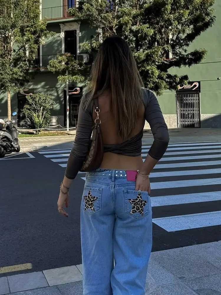 Women Retro Y2K Gothic Jeans Sequin Leopard Star Patch Mid Rise Wide Leg Denim Pants.T260310