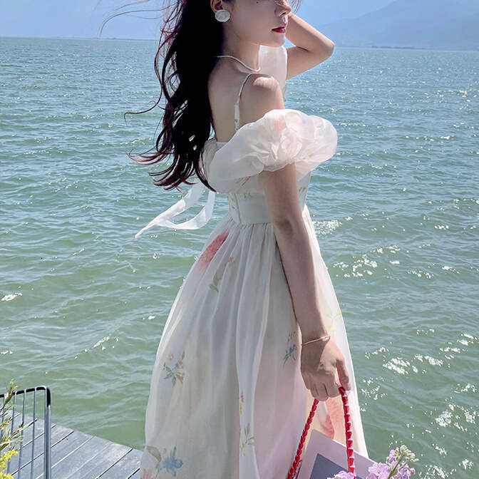 Designer Off Shoulder Puff Cuff Flower 2025 Spring/Summer French Style Elegant Women's Long Dress