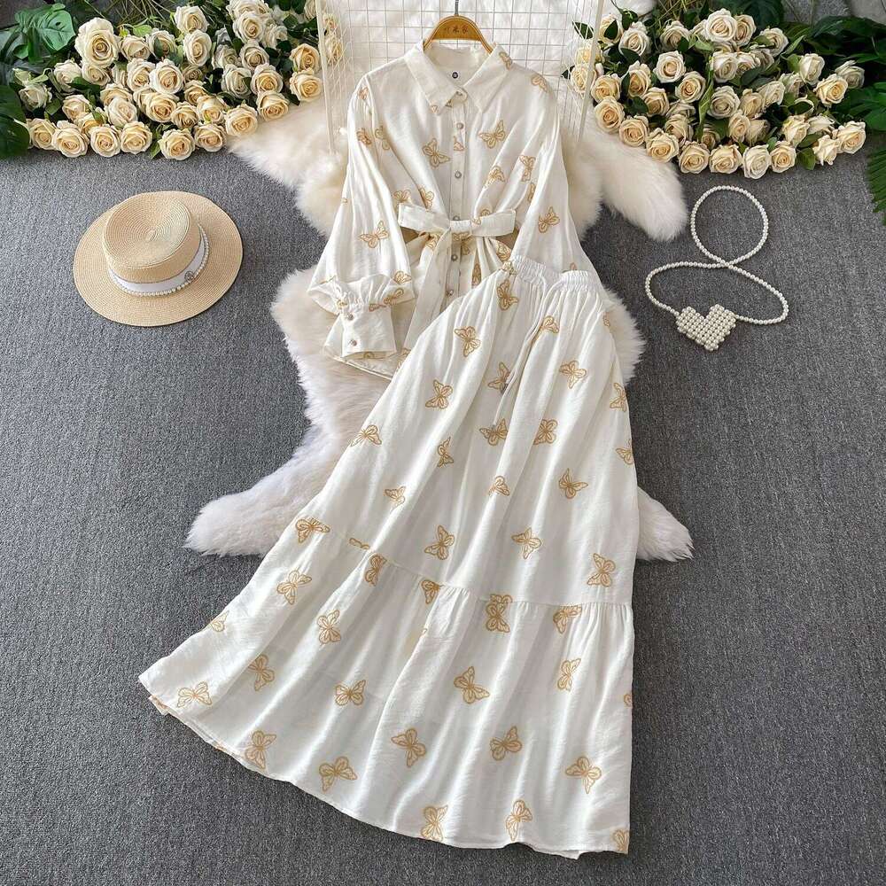 2026 Retro Style Elegant, Unique, Exquisite Embroidered Butterfly Long Sleeve Sunscreen Shirt with High Waist Skirt