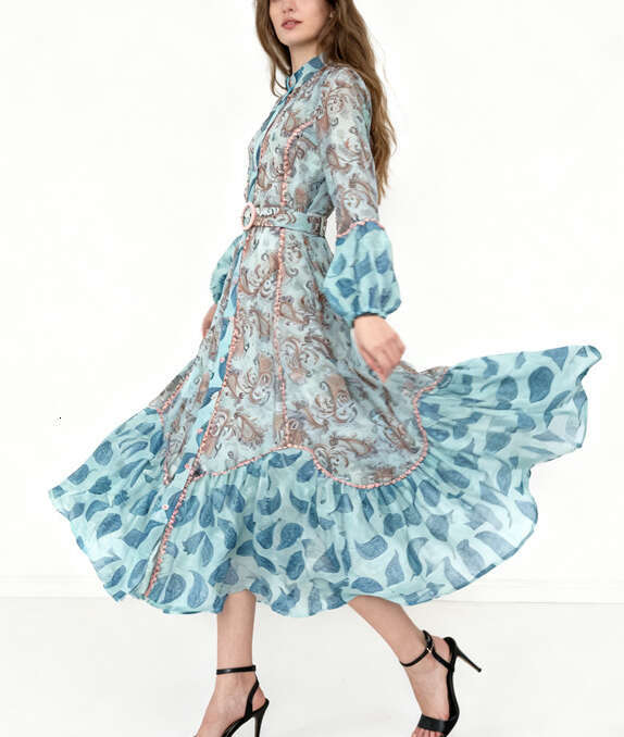 2026 spring and summer niche goddess fairy vacation style color block print lantern sleeves loose single breasted long skirt