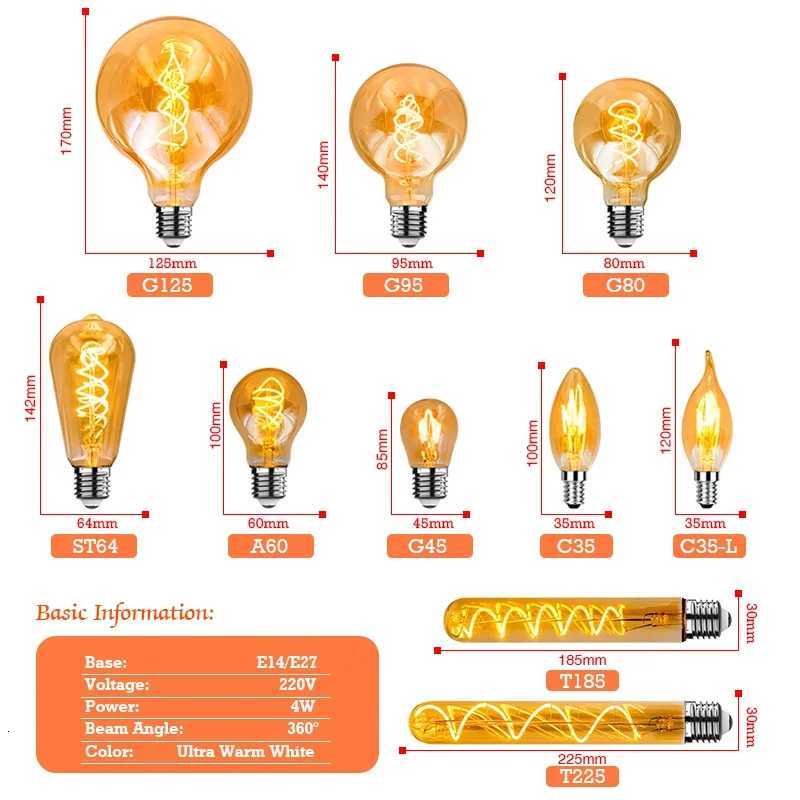 1-10pcs E27 E14 Retro Edison LED Filament Bulb AC 220V Spiral Light C35 G45 A60 ST64 G80 G95 G125 Glass Bulb Retro Candle Lamp H260310