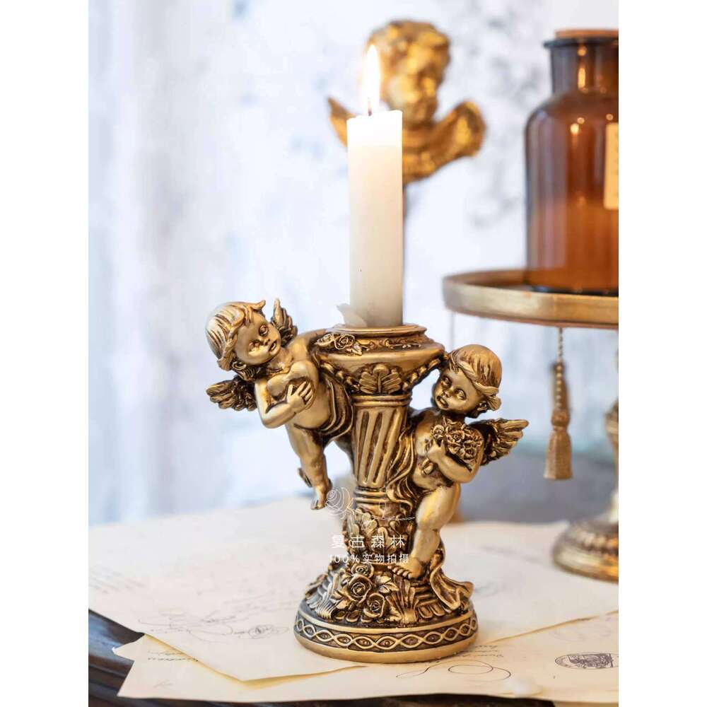 Vintage European style golden angel antique Roman pillar candle holder sculpture, architectural resin ornament, home decoration H260310