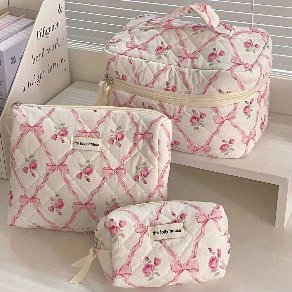 Cute Bow Flower Quilting Cotton Makeup Bag Women Zipper Cosmetic Organizer Female Cloth Handbag Portable Toiletry Case for Girls XJ260310