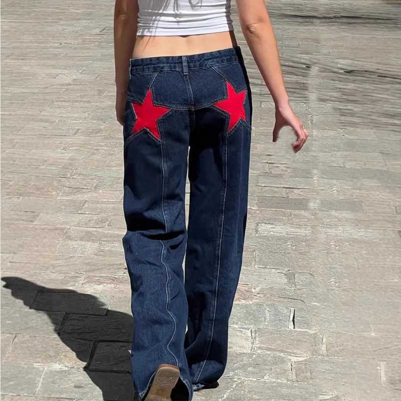 Y2K Denim Pants Womens Star Embroidery Color Block Patchwork Casual Pants Multiple Slim Fit Trendy Comfortable Millennium JeansT260310