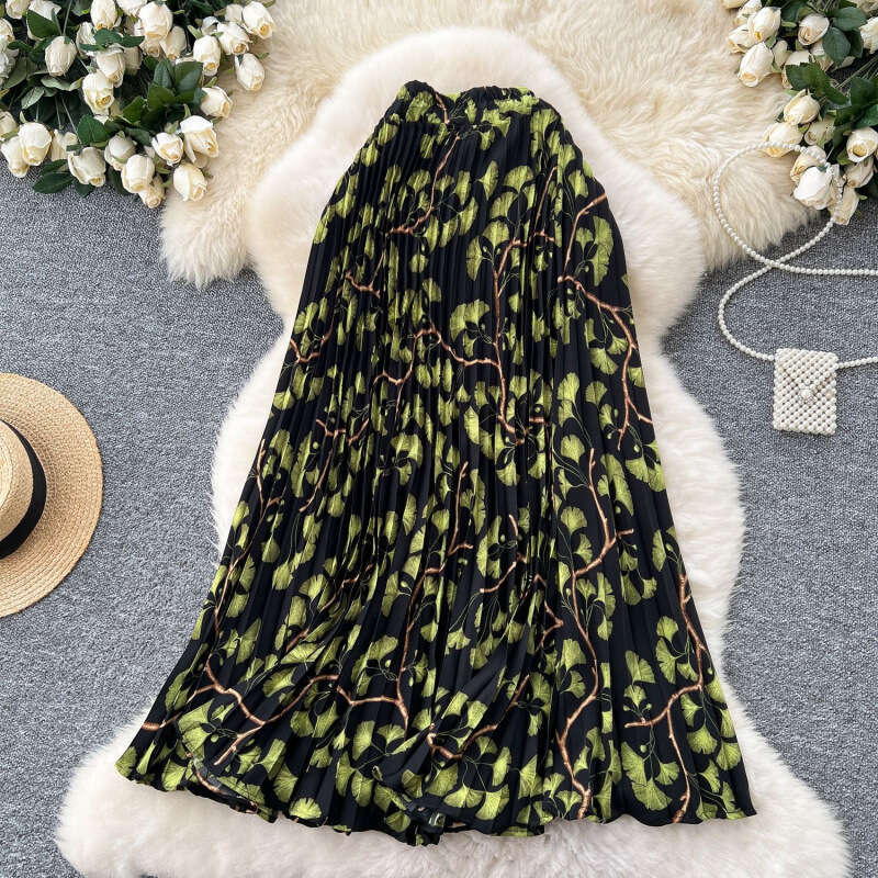 French retro printed women's 2025 autumn and winter new high waist slim fit A-line pleated long skirt