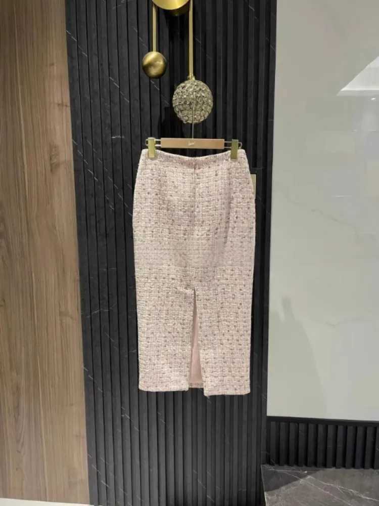 Autumn Spring Beading Diamond Button Women Tweed Jacket Outfits Mid-Calf Length Skirt Sets O-Neck Party Short Coat Two Piece SetT260310