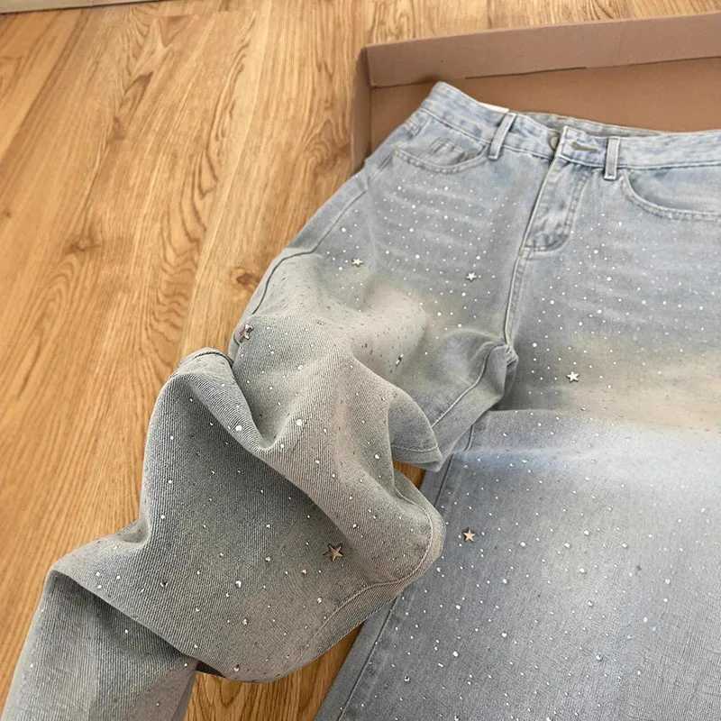 Elegant Light Blue Beaded Straight Denim Pants for Women High Waist Slim Fit Wide Leg Long Trousers M260310