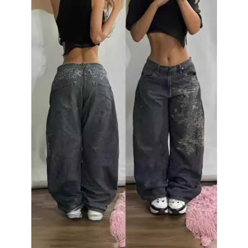 2025 Unisex Streetwear Hip Hop Baggy Straight-Leg Jeans Washed Blue Embroidered Spliced Distressed Cargo Pants Casual Denim M260310