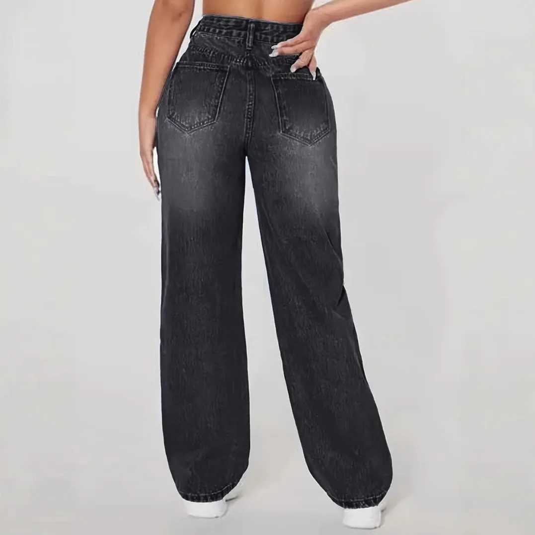 Mom Jeans Women Denim Pant Wide Leg Long Pants Hole High Waist Straight Trousers Y2k Streetwear Work Splice Casual 2025 Punk M260310