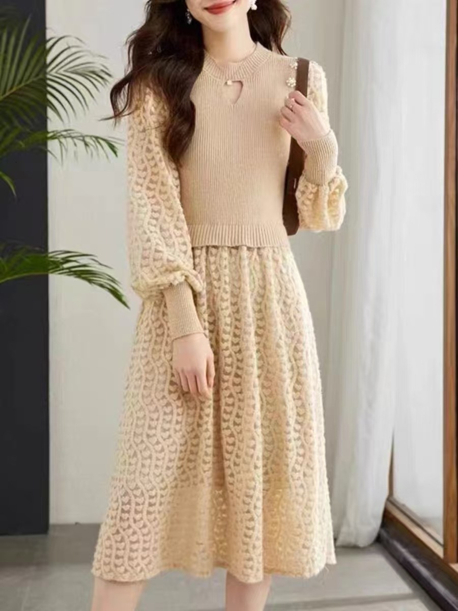 Elegant Knit Tweed Style Slimming Dress For Women Autumn/winter Slim Fit Tweed Patchwork Dresses 240824