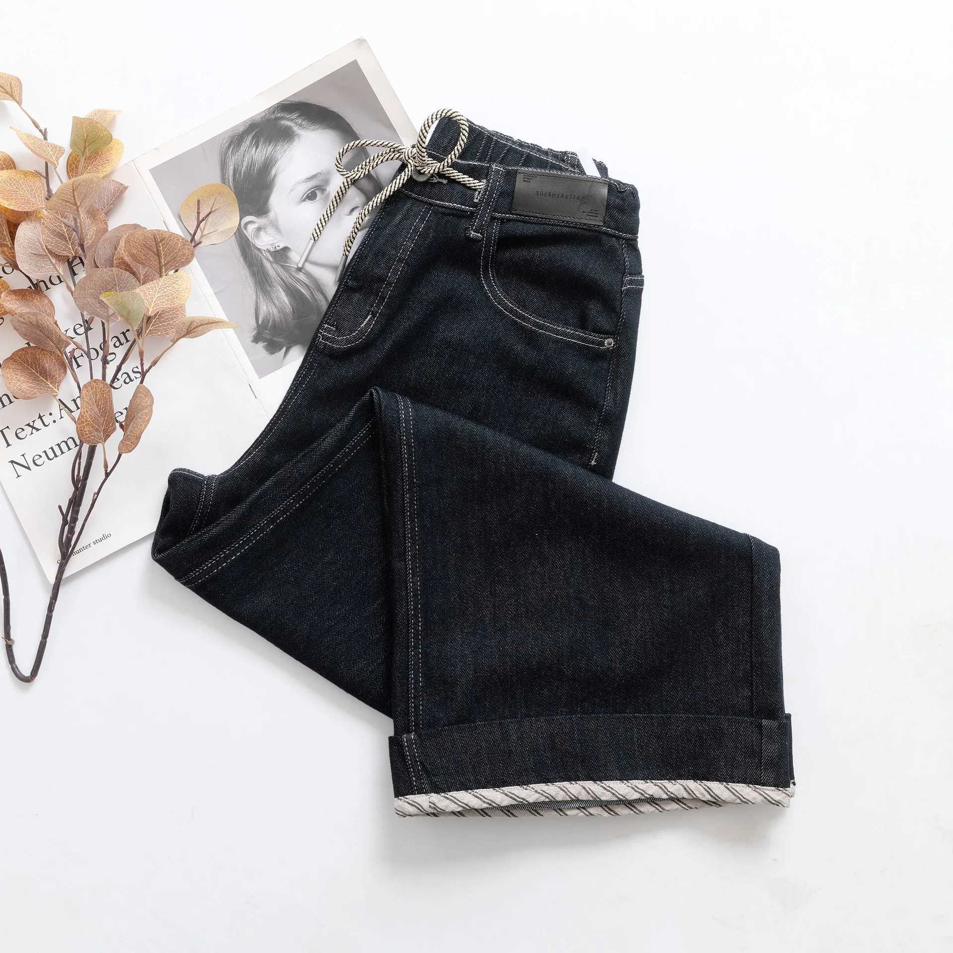 Fashion Plus Size Womens Wide Leg Jeans Autumn New Style Simple Drawstring Waist Premium Stretch Denim Full Length Pants 5353 M260310