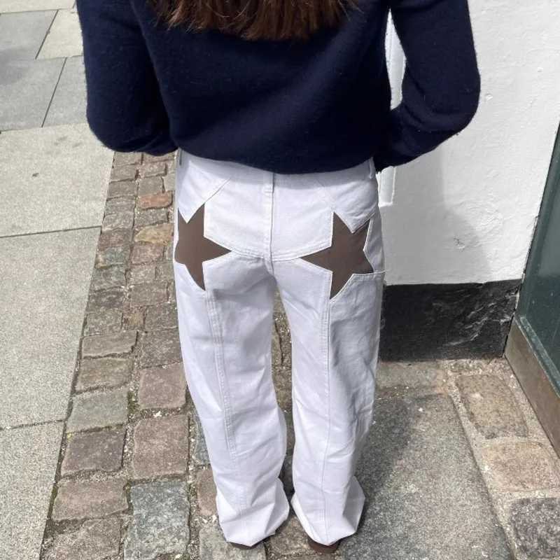 Y2K Denim Pants Womens Star Embroidery Color Block Patchwork Casual Pants Multiple Slim Fit Trendy Comfortable Millennium JeansT260310