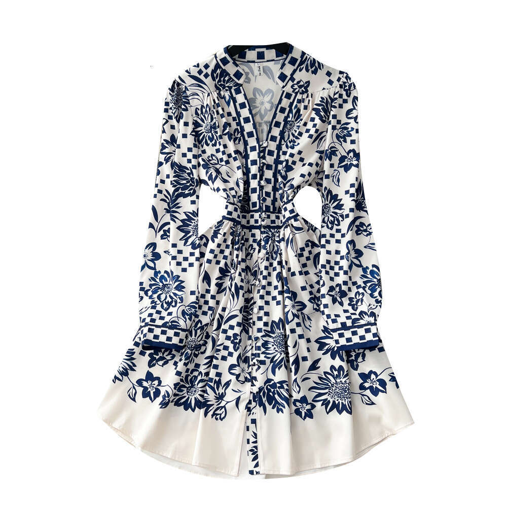 Cross-border French retro court style V-neck waist-cinching long-sleeve printed for women, autumn high-end slimming elegant A-line dress