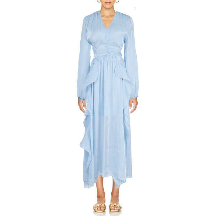 2026 new European and American niche goddess elegant and elegant solid color silk V-neck ruffled hem flowing long skirt