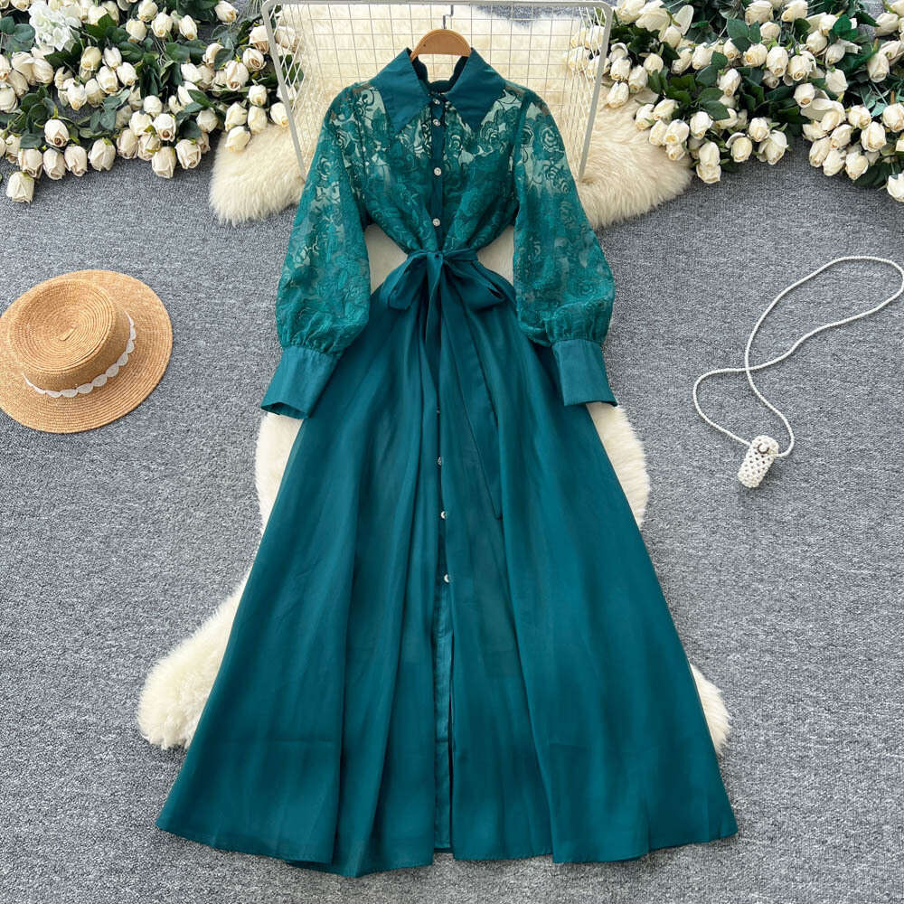 2026 French high-end elegant women's long skirt autumn fashion lace long sleeved patchwork tie waist mesh dress