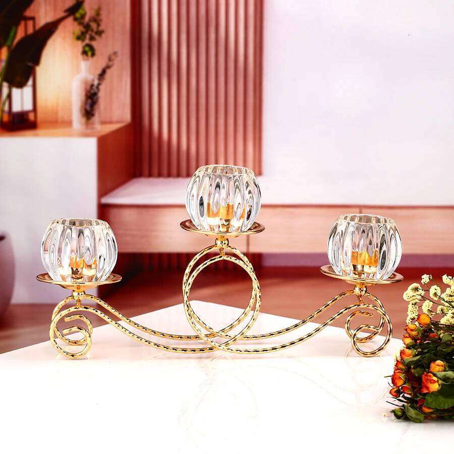 1pc 3 Arms Golden Metal Votive Candle Holder Candelabra, Vintage Candlestick for Table Centerpiece Wedding H260310