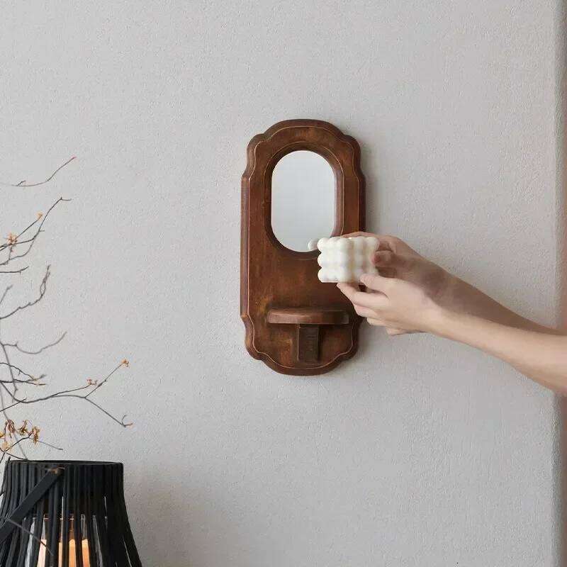 Wall Decor Holders Solid Mango Wood Metal Candle Holder Mirror Retro Nostalgic Living Room Aromatherapy Candlestick H260310
